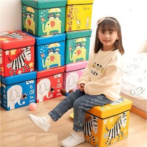 Kids Folding Multi Purpose Toy Storage Box Cum Chair Cartoon Printed Square Shaped Random Cartoon Print Multi Color