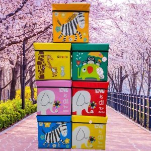 Kids Folding Multi Purpose Toy Storage Box Cum Chair Cartoon Printed Square Shaped Random Cartoon Print Multi Color